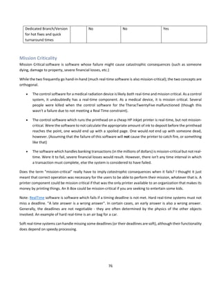 76
Dedicated Branch/Version
for hot fixes and quick
turnaround times
No No Yes
Mission Criticality
Mission Critical software is software whose failure might cause catastrophic consequences (such as someone
dying, damage to property, severe financial losses, etc.)
While the two frequently go hand-in-hand (much real-time software is also mission-critical); the two concepts are
orthogonal.
• The control software for a medical radiation device is likely both real-time and mission critical. As a control
system, it undoubtedly has a real-time component. As a medical device, it is mission critical. Several
people were killed when the control software for the TheracTwentyFive malfunctioned (though this
wasn't a failure due to not meeting a Real Time constraint).
• The control software which runs the printhead on a cheap HP inkjet printer is real-time, but not mission-
critical. Were the software to not calculate the appropriate amount of ink to deposit before the printhead
reaches the point, one would end up with a spoiled page. One would not end up with someone dead,
however. (Assuming that the failure of this software will not cause the printer to catch fire, or something
like that)
• The software which handles banking transactions (in the millions of dollars) is mission-critical but not real-
time. Were it to fail, severe financial losses would result. However, there isn't any time interval in which
a transaction must complete, else the system is considered to have failed.
Does the term "mission-critical" really have to imply catastrophic consequences when it fails? I thought it just
meant that correct operation was necessary for the users to be able to perform their mission, whatever that is. A
printer component could be mission critical if that was the only printer available to an organization that makes its
money by printing things. An X-Box could be mission-critical if you are seeking to entertain some kids.
Note: RealTime software is software which fails if a timing deadline is not met. Hard real-time systems must not
miss a deadline. "A late answer is a wrong answer". In certain cases, an early answer is also a wrong answer.
Generally, the deadlines are not negotiable - they are often determined by the physics of the other objects
involved. An example of hard real-time is an air bag for a car.
Soft real-time systems can handle missing some deadlines (or their deadlines are soft), although their functionality
does depend on speedy processing.
 