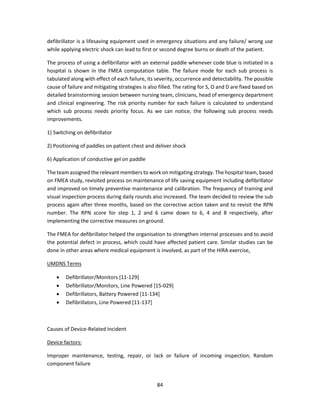 84
defibrillator is a lifesaving equipment used in emergency situations and any failure/ wrong use
while applying electric shock can lead to first or second degree burns or death of the patient.
The process of using a defibrillator with an external paddle whenever code blue is initiated in a
hospital is shown in the FMEA computation table. The failure mode for each sub process is
tabulated along with effect of each failure, its severity, occurrence and detectability. The possible
cause of failure and mitigating strategies is also filled. The rating for S, O and D are fixed based on
detailed brainstorming session between nursing team, clinicians, head of emergency department
and clinical engineering. The risk priority number for each failure is calculated to understand
which sub process needs priority focus. As we can notice, the following sub process needs
improvements.
1) Switching on defibrillator
2) Positioning of paddles on patient chest and deliver shock
6) Application of conductive gel on paddle
The team assigned the relevant members to work on mitigating strategy. The hospital team, based
on FMEA study, revisited process on maintenance of life saving equipment including defibrillator
and improved on timely preventive maintenance and calibration. The frequency of training and
visual inspection process during daily rounds also increased. The team decided to review the sub
process again after three months, based on the corrective action taken and to revisit the RPN
number. The RPN score for step 1, 2 and 6 came down to 6, 4 and 8 respectively, after
implementing the corrective measures on ground.
The FMEA for defibrillator helped the organisation to strengthen internal processes and to avoid
the potential defect in process, which could have affected patient care. Similar studies can be
done in other areas where medical equipment is involved, as part of the HIRA exercise.
UMDNS Terms
• Defibrillator/Monitors [11-129]
• Defibrillator/Monitors, Line Powered [15-029]
• Defibrillators, Battery Powered [11-134]
• Defibrillators, Line Powered [11-137]
Causes of Device-Related Incident
Device factors:
Improper maintenance, testing, repair, or lack or failure of incoming inspection; Random
component failure
 