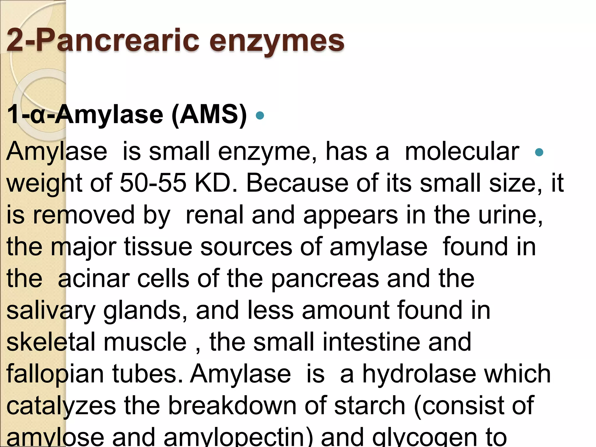 2-Pancrearic enzymes

1-α-Amylase (AMS)

Amylase is small enzyme, has a molecular
weight of 50-55 KD. Because of its small size, it
is removed by renal and appears in the urine,
the major tissue sources of amylase found in
the acinar cells of the pancreas and the
salivary glands, and less amount found in
skeletal muscle , the small intestine and
fallopian tubes. Amylase is a hydrolase which
catalyzes the breakdown of starch (consist of
amylose and amylopectin) and glycogen to
 