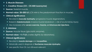  3. Muscle Diseases
 1. Creatine Kinase (CK – CK MM isoenzyme)
‑
 Source: Skeletal muscle.
 Normal value: 20–200 U/L (CK MM is the predominant fraction in muscle).
‑
 Clinical significance:
 Elevated in muscular dystrophy (progressive muscle degeneration).
 Raised in rhabdomyolysis (massive muscle breakdown → risk of acute kidney injury).
 Also increased after severe exercise, trauma, or intramuscular injections.
 2. Aldolase
 Source: Muscle tissue (glycolytic enzyme).
 Normal value: ~1–7 U/L (varies slightly by laboratory).
 Clinical significance:
 Elevated in muscle damage and myopathies.
 Historically used in diagnosis of Duchenne muscular dystrophy.
 Less specific than CK, but still exam relevant.
‑
 