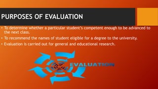 PURPOSES OF EVALUATION
• To determine whether a particular student’s competent enough to be advanced to
the next class.
• To recommend the names of student eligible for a degree to the university.
• Evaluation is carried out for general and educational research.
 