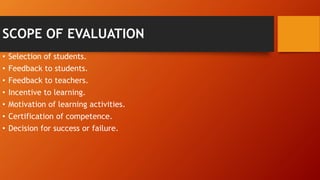 SCOPE OF EVALUATION
• Selection of students.
• Feedback to students.
• Feedback to teachers.
• Incentive to learning.
• Motivation of learning activities.
• Certification of competence.
• Decision for success or failure.
 