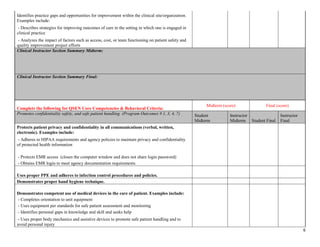 6
Identifies practice gaps and opportunities for improvement within the clinical site/organization.
Examples include:
- Describes strategies for improving outcomes of care in the setting in which one is engaged in
clinical practice
- Analyzes the impact of factors such as access, cost, or team functioning on patient safety and
quality improvement project efforts
Clinical Instructor Section Summary Midterm:
Clinical Instructor Section Summary Final:
Complete the following for QSEN Core Competencies & Behavioral Criteria:
Midterm (score) Final (score)
Promotes confidentiality safety, and safe patient handling (Program Outcomes # 1, 3, 4, 7) Student
Midterm
Instructor
Midterm Student Final
Instructor
Final
Protects patient privacy and confidentiality in all communications (verbal, written,
electronic). Examples include:
- Adheres to HIPAA requirements and agency policies to maintain privacy and confidentiality
of protected health information
- Protects EMR access (closes the computer window and does not share login password)
- Obtains EMR login to meet agency documentation requirements
Uses proper PPE and adheres to infection control procedures and policies.
Demonstrates proper hand hygiene technique.
Demonstrates competent use of medical devices in the care of patient. Examples include:
- Completes orientation to unit equipment
- Uses equipment per standards for safe patient assessment and monitoring
- Identifies personal gaps in knowledge and skill and seeks help
- Uses proper body mechanics and assistive devices to promote safe patient handling and to
avoid personal injury
 
