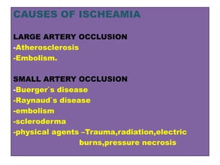 CAUSES OF ISCHEAMIA
LARGE ARTERY OCCLUSION
-Atherosclerosis
-Embolism.
SMALL ARTERY OCCLUSION
-Buerger`s disease
-Raynaud`s disease
-embolism
-scleroderma
-physical agents –Trauma,radiation,electric
burns,pressure necrosis
 