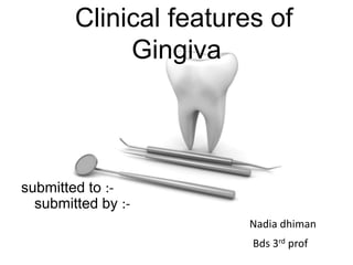 Clinical features of
Gingiva
submitted to :-
submitted by :-
Nadia dhiman
Bds 3rd prof
 