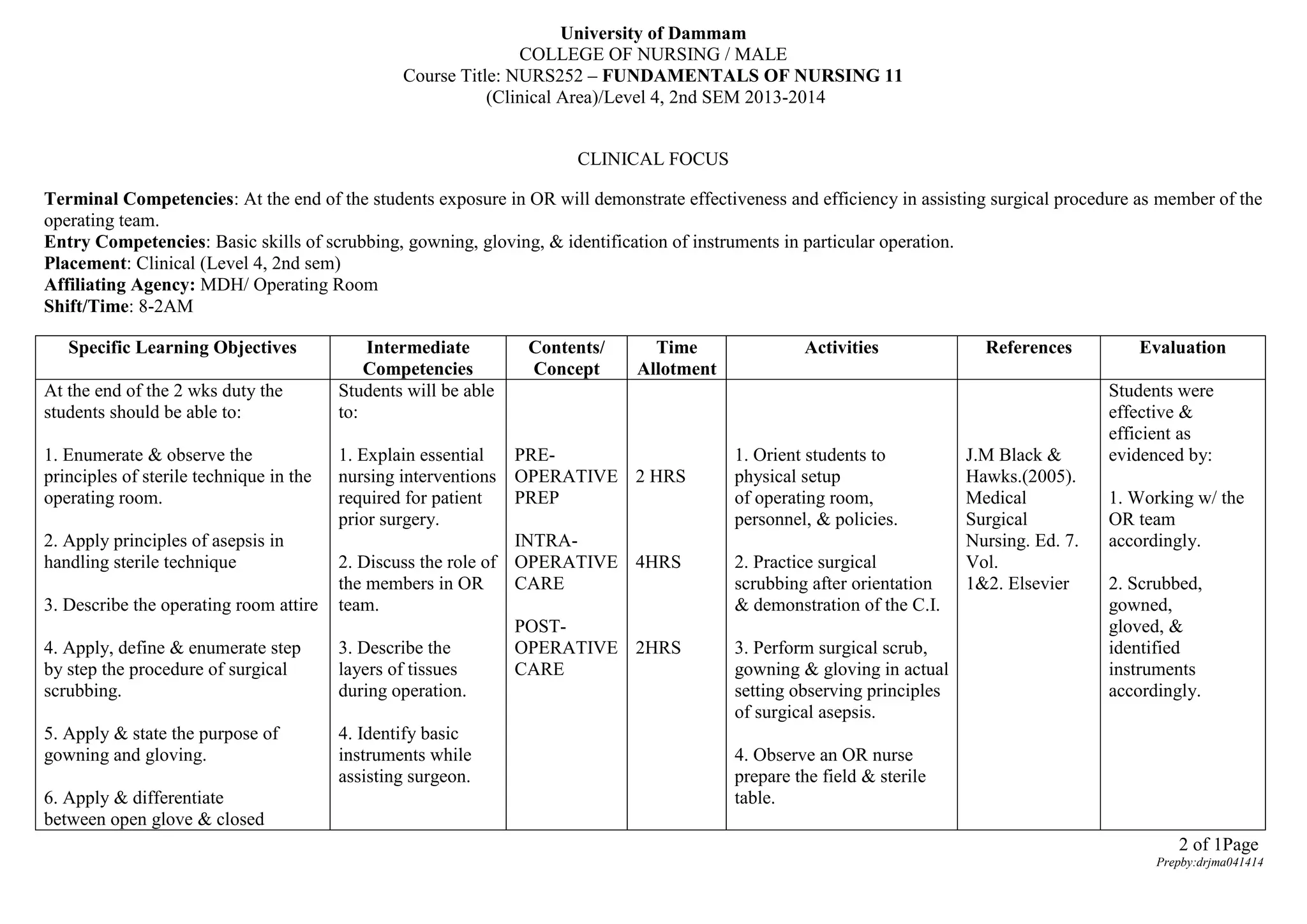 Page1of2
Prepby:drjma041414
University of Dammam
COLLEGE OF NURSING / MALE
Course Title: NURS252 – FUNDAMENTALS OF NURSING 11
(Clinical Area)/Level 4, 2nd SEM 2013-2014
CLINICAL FOCUS
Terminal Competencies: At the end of the students exposure in OR will demonstrate effectiveness and efficiency in assisting surgical procedure as member of the
operating team.
Entry Competencies: Basic skills of scrubbing, gowning, gloving, & identification of instruments in particular operation.
Placement: Clinical (Level 4, 2nd sem)
Affiliating Agency: MDH/ Operating Room
Shift/Time: 8-2AM
Specific Learning Objectives Intermediate
Competencies
Contents/
Concept
Time
Allotment
Activities References Evaluation
At the end of the 2 wks duty the
students should be able to:
1. Enumerate & observe the
principles of sterile technique in the
operating room.
2. Apply principles of asepsis in
handling sterile technique
3. Describe the operating room attire
4. Apply, define & enumerate step
by step the procedure of surgical
scrubbing.
5. Apply & state the purpose of
gowning and gloving.
6. Apply & differentiate
between open glove & closed
Students will be able
to:
1. Explain essential
nursing interventions
required for patient
prior surgery.
2. Discuss the role of
the members in OR
team.
3. Describe the
layers of tissues
during operation.
4. Identify basic
instruments while
assisting surgeon.
PRE-
OPERATIVE
PREP
INTRA-
OPERATIVE
CARE
POST-
OPERATIVE
CARE
2 HRS
4HRS
2HRS
1. Orient students to
physical setup
of operating room,
personnel, & policies.
2. Practice surgical
scrubbing after orientation
& demonstration of the C.I.
3. Perform surgical scrub,
gowning & gloving in actual
setting observing principles
of surgical asepsis.
4. Observe an OR nurse
prepare the field & sterile
table.
J.M Black &
Hawks.(2005).
Medical
Surgical
Nursing. Ed. 7.
Vol.
1&2. Elsevier
Students were
effective &
efficient as
evidenced by:
1. Working w/ the
OR team
accordingly.
2. Scrubbed,
gowned,
gloved, &
identified
instruments
accordingly.
 