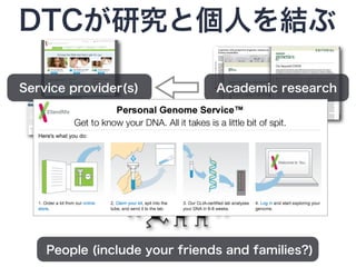 DTCが研究と個人を結ぶ

Service provider(s)            Academic research




                 ?




    People (include your friends...