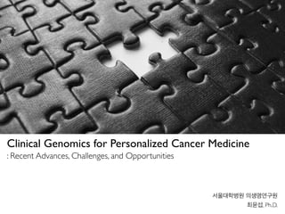 Clinical Genomics for Personalized Cancer Medicine
: Recent Advances, Challenges, and Opportunities
서울대학병원 의생명연구원
최윤섭, Ph.D.
 