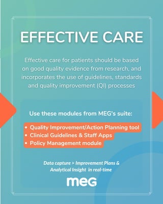Quality Improvement/Action Planning tool
Clinical Guidelines & Staff Apps
Policy Management module
Data capture > Improvement Plans &
Analytical Insight in real-time
Use these modules from MEG's suite:
 