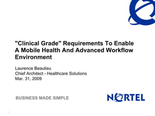 quot;Clinical Gradequot; Requirements To Enable
    A Mobile Health And Advanced Workflow
    Environment
    Laurence Beaulieu
    Chief Architect - Healthcare Solutions
    Mar. 31, 2009



    BUSINESS MADE SIMPLE


1
 
