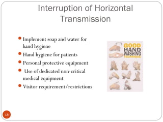 Interruption of Horizontal
                   Transmission

     Implement soap and water for
      hand hygiene
     Hand hygiene for patients
     Personal protective equipment
      Use of dedicated non-critical
      medical equipment
     Visitor requirement/restrictions




18
 