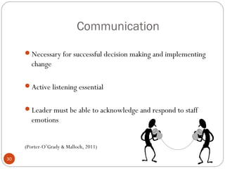 Communication

     Necessary for successful decision making and implementing
       change

     Active listening essential


     Leader must be able to acknowledge and respond to staff
       emotions


     (Porter-O’Grady & Malloch, 2011)

30
 