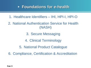 Foundations for e-health Healthcare Identifiers – IHI, HPI-I, HPI-O National Authentication Service for Health (NASH) Secure Messaging Clinical Terminology National Product Catalogue Compliance, Certification & Accreditation  Page  