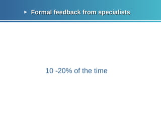Formal feedback from specialists 10 -20% of the time 