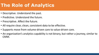 The Role of Analytics
• Descriptive. Understand the past.
• Predictive. Understand the future.
• Prescriptive. Affect the future.
• All require clear, clean, consistent data to be effective.
• Supports move from volume-driven care to value-driven care.
• An organization’s analytics capability is not binary, but rather a journey, similar to
CMM.
 