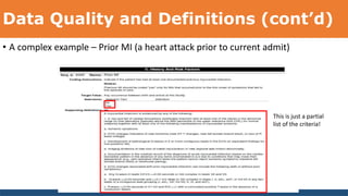 Data Quality and Definitions (cont’d)
• A complex example – Prior MI (a heart attack prior to current admit)
This is just a partial
list of the criteria!
 
