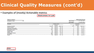 Clinical Quality Measures (cont’d)
• Examples of (mostly) Actionable metrics
 