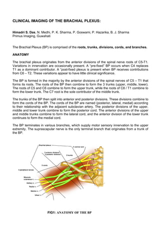 CLINICAL IMAGING OF THE BRACHIAL PLEXUS:

Himadri S. Das, N. Medhi, P. K. Sharma, P. Goswami, P. Hazarika, B. J. Sharma
Primus Imaging, Guwahati


The Brachial Plexus (BP) is comprised of the roots, trunks, divisions, cords, and branches.

ANATOMY

The brachial plexus originates from the anterior divisions of the spinal nerve roots of C5-T1.
Variations in innervation are occasionally present. A “pre-fixed” BP occurs when C4 replaces
T1 as a dominant contributor. A “post-fixed plexus is present when BP receives contributions
from C6 – T2. These variations appear to have little clinical significance.

The BP is formed in the majority by the anterior divisions of the spinal nerves of C5 – T1 that
forms its roots. The roots of the BP then combine to form the 3 trunks (upper, middle, lower).
The roots of C5 and C6 combine to form the upper trunk, while the roots of C8 / T1 combine to
form the lower trunk. The C7 root is the sole contributor of the middle trunk.

The trunks of the BP then split into anterior and posterior divisions. These divisions combine to
form the cords of the BP. The cords of the BP are named (posterior, lateral, medial) according
to their relationship with the adjacent subclavian artery. The posterior divisions of the upper,
middle and lower trunk combine to form the posterior cord. The anterior divisions of the upper
and middle trunks combine to form the lateral cord, and the anterior division of the lower trunk
continues to form the medial cord.

The BP terminates in various branches, which supply motor sensory innervation to the upper
extremity. The suprascapular nerve is the only terminal branch that originates from a trunk of
the BP.




                        FIG1: ANATOMY OF THE BP
 