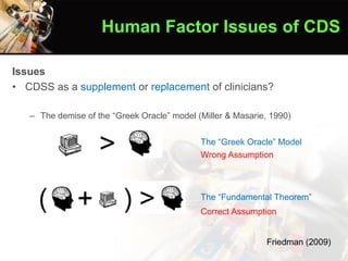 Issues
• CDSS as a supplement or replacement of clinicians?
– The demise of the “Greek Oracle” model (Miller & Masarie, 1990)
The “Greek Oracle” Model
The “Fundamental Theorem”
Friedman (2009)
Human Factor Issues of CDS
Wrong Assumption
Correct Assumption
 