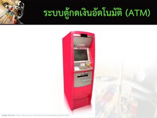 ระบบตู้กดเงินอัตโนมัติ (ATM)
Image Source: http://www.gsb.or.th/products/personal/services/atm.php
 
