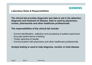 Laboratory Roles & Responsibilities


The clinical lab provides diagnostic test data to aid in the detection,
diagnosis and treatment of disease. Data is used by physicians,
nurses, pharmacists and other healthcare professionals.

The responsibilities of the clinical lab include:

   Correct identification, collection and processing of patient specimens
   Accurate performance of testing
   Timely reporting of results
   Communication with physicians and other healthcare professionals

Analyst testing is used to help diagnose, monitor or treat disease




Page 2      Mar-07          Dorra Hung
 