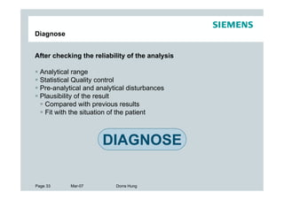 Diagnose


After checking the reliability of the analysis

  Analytical range
  Statistical Quality control
  Pre-analytical and analytical disturbances
  Plausibility of the result
   Compared with previous results
   Fit with the situation of the patient



                       DIAGNOSE

Page 33     Mar-07         Dorra Hung
 