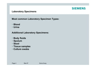 Laboratory Specimens


Most common Laboratory Specimen Types:

  Blood
  Urine

Additional Laboratory Specimens:

  Body fluids
  Sputum
  Stool
  Tissue samples
  Culture swabs




Page 4    Mar-07       Dorra Hung
 