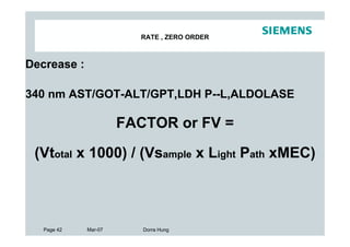 RATE , ZERO ORDER



Decrease :

340 nm AST/GOT-ALT/GPT,LDH P--L,ALDOLASE

                      FACTOR or FV =

 (Vtotal x 1000) / (Vsample x Light Path xMEC)



   Page 42   Mar-07      Dorra Hung
 