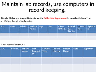 Maintain lab records, use computers in
record keeping.
Standard laboratory record formats for the Collection Department in a medical laboratory:
• Patient Registration Register:
S.N. Date Lab No. Patient
Name
Age Sex OPD/
IPD No.
Referri
ng
Doctor
Contact
No.
Signatu
re
• Test Requisition Record:
S.N. Lab No. Patient
Name
Test
Request
ed
Sample
Type
Clinical
History
Doctor
Name
Date Signature
 