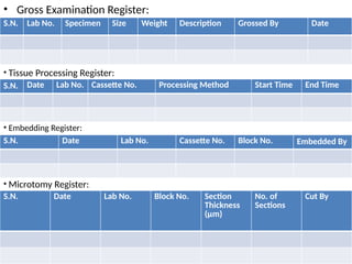 • Gross Examination Register:
S.N. Lab No. Specimen Size Weight Description Grossed By Date
• Tissue Processing Register:
S.N. Date Lab No. Cassette No. Processing Method Start Time End Time
• Embedding Register:
S.N. Date Lab No. Cassette No. Block No. Embedded By
• Microtomy Register:
S.N. Date Lab No. Block No. Section
Thickness
(µm)
No. of
Sections
Cut By
 