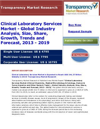 Transparency Market Research

Clinical Laboratory Services
Market - Global Industry
Analysis, Size, Share,
Growth, Trends and
Forecast, 2013 - 2019

Buy Now
Request Sample

Published Date: Oct 2013

Single User License: US $ 4795
Multi User License: US $ 7795

84 Pages Report

Corporate User License: US $ 10795
REPORT DESCRIPTION
Clinical Laboratory Services Market is Expected to Reach USD 241.37 Billion
Globally in 2019: Transparency Market Research
Transparency Market Research is Published new Market Report “Clinical Laboratory
Services Market (Clinical Chemistry, Medical Microbiology & Cytology, Human &
Tumor Genetics and Other Esoteric Tests) - Global Industry Analysis, Size, Share,
Growth, Trends and Forecast, 2013 - 2019," the global clinical laboratory services
market was valued atUSD 162.71 billion in 2012 and is expected to grow at a CAGR of 5.8%
from 2013 to 2019, to reach an estimated value of USD 241.37 billion in 2019.
Clinical laboratories refer to the centers for conducting diagnostic testing and related
services to identify disease causes, level of progression (stage) of the disease, resultant
abnormalities and imbalances in the physiology, and other such factors. Along with
processing samples and generating patient reports, players in this market also offer
informatics solutions which help in effective data management for the large volume of tests
ordered and performed each day. The global market for clinical laboratory services is
expected to grow at a CAGR of 5.8% during the forecast period due to the increasing
incidence rates of diseases worldwide along with the introduction of newer and sophisticated
diagnostic tests.

 