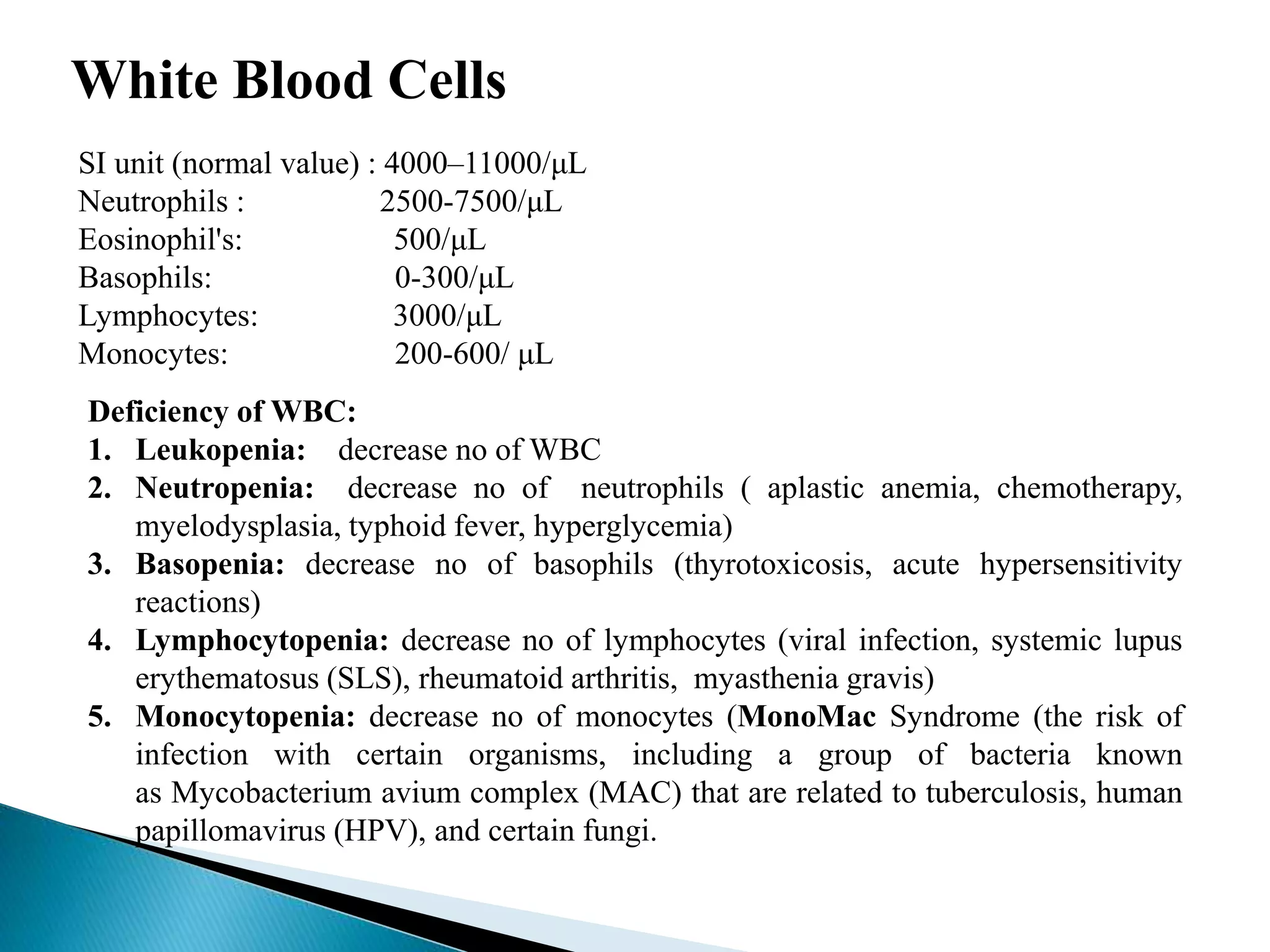 White Blood Cells
SI unit (normal value) : 4000–11000/μL
Neutrophils : 2500-7500/μL
Eosinophil's: 500/μL
Basophils: 0-300/μL
Lymphocytes: 3000/μL
Monocytes: 200-600/ μL
Deficiency of WBC:
1. Leukopenia: decrease no of WBC
2. Neutropenia: decrease no of neutrophils ( aplastic anemia, chemotherapy,
myelodysplasia, typhoid fever, hyperglycemia)
3. Basopenia: decrease no of basophils (thyrotoxicosis, acute hypersensitivity
reactions)
4. Lymphocytopenia: decrease no of lymphocytes (viral infection, systemic lupus
erythematosus (SLS), rheumatoid arthritis, myasthenia gravis)
5. Monocytopenia: decrease no of monocytes (MonoMac Syndrome (the risk of
infection with certain organisms, including a group of bacteria known
as Mycobacterium avium complex (MAC) that are related to tuberculosis, human
papillomavirus (HPV), and certain fungi.
 
