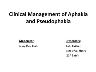 Clinical Management of Aphakia
and Pseudophakia
Moderator: Presenters:
Niraj Dev Joshi Ashi Lakher
Rina chaudhary
21st Batch
 