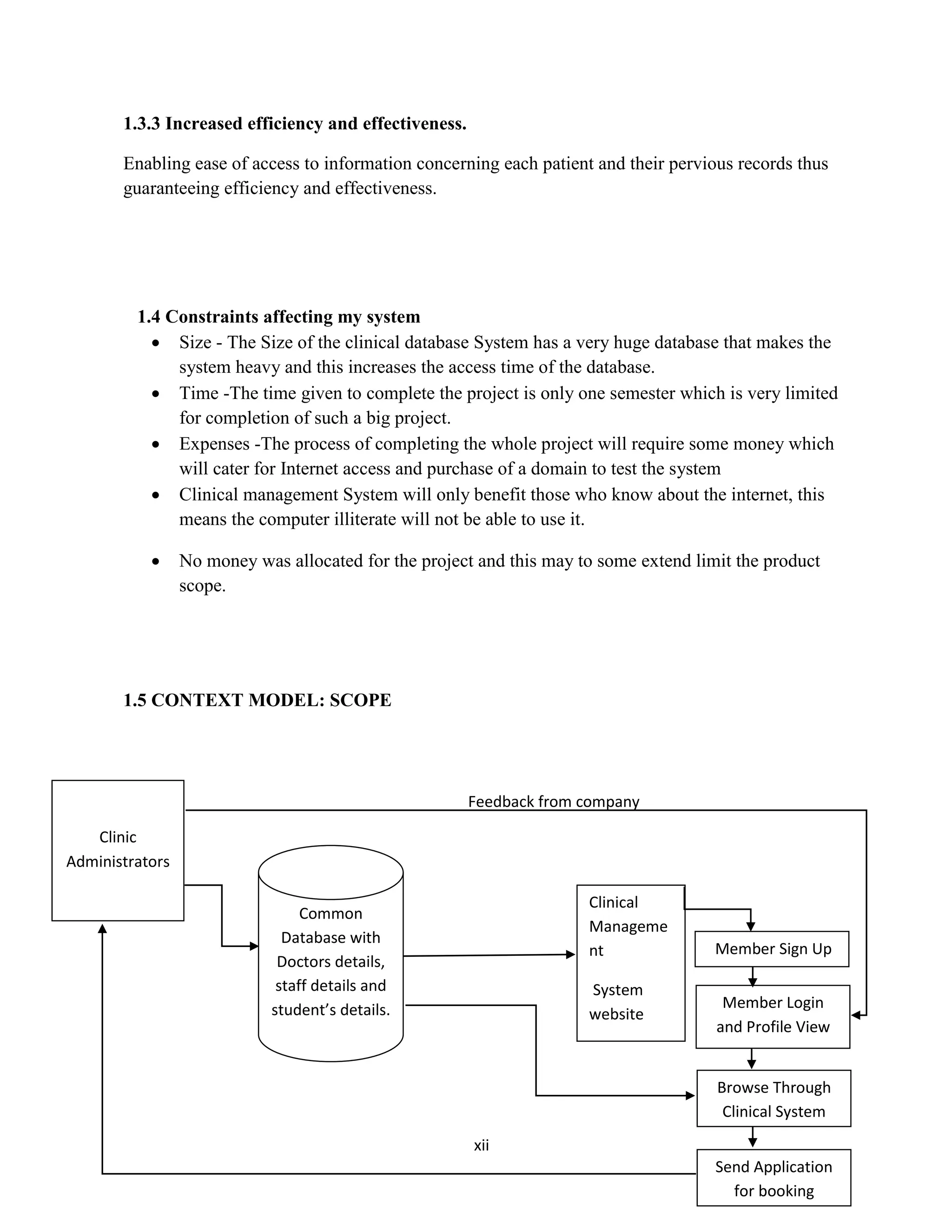 xii
1.3.3 Increased efficiency and effectiveness.
Enabling ease of access to information concerning each patient and their pervious records thus
guaranteeing efficiency and effectiveness.
1.4 Constraints affecting my system
 Size - The Size of the clinical database System has a very huge database that makes the
system heavy and this increases the access time of the database.
 Time -The time given to complete the project is only one semester which is very limited
for completion of such a big project.
 Expenses -The process of completing the whole project will require some money which
will cater for Internet access and purchase of a domain to test the system
 Clinical management System will only benefit those who know about the internet, this
means the computer illiterate will not be able to use it.
 No money was allocated for the project and this may to some extend limit the product
scope.
1.5 CONTEXT MODEL: SCOPE
Clinic
Administrators
Common
Database with
Doctors details,
staff details and
student’s details.
Clinical
Manageme
nt
System
website
Member Sign Up
Member Login
and Profile View
Browse Through
Clinical System
Send Application
for booking
Feedback from company
 