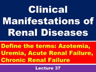 Clinical
Manifestations of
Renal Diseases
Lecture 37
Define the terms: Azotemia,
Uremia, Acute Renal Failure,
Chronic Renal Failure
 