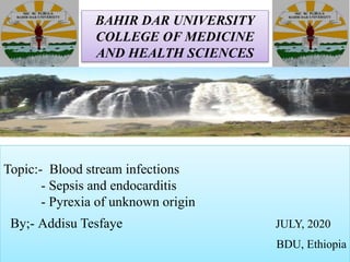 BAHIR DAR UNIVERSITY
COLLEGE OF MEDICINE
AND HEALTH SCIENCES
8/17/2020 1
Topic:- Blood stream infections
- Sepsis and endocarditis
- Pyrexia of unknown origin
By;- Addisu Tesfaye JULY, 2020
BDU, Ethiopia
 
