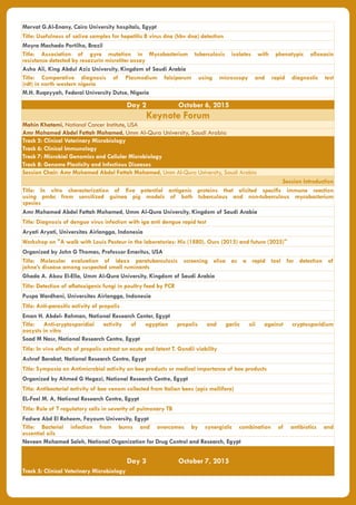 Mervat G.Al-Enany, Cairo University hospitals, Egypt
Title: Usefulness of saliva samples for hepatitis B virus dna (hbv dna) detection
Moyra Machado Portilho, Brazil
Title: Association of gyra mutation in Mycobacterium tuberculosis isolates with phenotypic ofloxacin
resistance detected by resazurin microtiter assay
Asho Ali, King Abdul Aziz University, Kingdom of Saudi Arabia
Title: Comparative diagnosis of Plasmodium falciparum using microscopy and rapid diagnostic test
(rdt) in north western nigeria
M.H. Ruqayyah, Federal University Dutse, Nigeria
Day 2 October 6, 2015
Keynote Forum
Mahin Khatami, National Cancer Institute, USA
Amr Mohamed Abdel Fattah Mohamed, Umm Al-Qura University, Saudi Arabia
Track 5: Clinical Veterinary Microbiology
Track 6: Clinical Immunology
Track 7: Microbial Genomics and Cellular Microbiology
Track 8: Genome Plasticity and Infectious Diseases
Session Chair: Amr Mohamed Abdel Fattah Mohamed, Umm Al-Qura University, Saudi Arabia
Session Introduction
Title: In vitro characterization of five potential antigenic proteins that elicited specific immune reaction
using pmbc from sensitized guinea pig models of both tuberculous and non-tuberculous mycobacterium
species
Amr Mohamed Abdel Fattah Mohamed, Umm Al-Qura University, Kingdom of Saudi Arabia
Title: Diagnosis of dengue virus infection with iga anti dengue rapid test
Aryati Aryati, Universitas Airlangga, Indonesia
Workshop on "A walk with Louis Pasteur in the laboratories: His (1880), Ours (2015) and future (2025)"
Organized by John G Thomas, Professor Emeritus, USA
Title: Molecular evaluation of idexx paratuberculosis screening elisa as a rapid tool for detection of
johne’s disease among suspected small ruminants
Ghada A. Abou El-Ella, Umm Al-Qura University, Kingdom of Saudi Arabia
Title: Detection of aflatoxigenic fungi in poultry feed by PCR
Puspa Wardhani, Universitas Airlangga, Indonesia
Title: Anti-parasitic activity of propolis
Eman H. Abdel- Rahman, National Research Center, Egypt
Title: Anti-cryptosporidial activity of egyptian propolis and garlic oil against cryptosporidium
oocysts in vitro
Soad M Nasr, National Research Centre, Egypt
Title: In vivo effects of propolis extract on acute and latent T. Gondii viability
Ashraf Barakat, National Research Centre, Egypt
Title: Symposia on Antimicrobial activity on bee products or medical importance of bee products
Organized by Ahmed G Hegazi, National Research Centre, Egypt
Title: Antibacterial activity of bee venom collected from Italian bees (apis mellifera)
EL-Feel M. A, National Research Centre, Egypt
Title: Role of T regulatory cells in severity of pulmonary TB
Fadwa Abd El Reheem, Fayoum University, Egypt
Title: Bacterial infection from burns and overcomes by synergistic combination of antibiotics and
essential oils
Neveen Mohamed Saleh, National Organization for Drug Control and Research, Egypt
Day 3 October 7, 2015
Track 5: Clinical Veterinary Microbiology
 