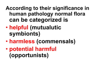According to their significance in
human pathology normal flora
can be categorized is
• helpful (mutualutic
symbionts)
• harmless (commensals)
• potential harmful
(opportunists)
 