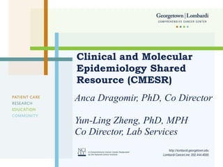 Clinical and Molecular Epidemiology Shared Resource (CMESR) Anca Dragomir, PhD, Co Director Yun-Ling Zheng, PhD, MPH  Co Director, Lab Services 