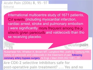International multicentre study of 1671 patients,
   CV events (including myocardial infarction,
   cardiac arrest, stroke and pulmonary embolism
   ) were significantly more frequent among the p
   atients given parecoxib and valdecoxib than tho
   se receiving placebo.



Nussmeier NA, Whelton A, Brown MT, Langford RM, Joshi G, Verburg KM.
Safety of parecoxib and valdecoxib in the treatment of pain following
coronary artery bypass surgery. N Engl J Med 2005;352:1081—91.
 