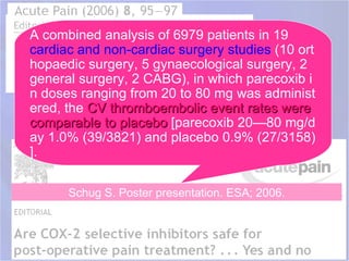A combined analysis of 6979 patients in 19
cardiac and non-cardiac surgery studies (10 ort
hopaedic surgery, 5 gynaecological surgery, 2
general surgery, 2 CABG), in which parecoxib i
n doses ranging from 20 to 80 mg was administ
ered, the CV thromboembolic event rates were
comparable to placebo [parecoxib 20—80 mg/d
ay 1.0% (39/3821) and placebo 0.9% (27/3158)
].

      Schug S. Poster presentation. ESA; 2006.
 