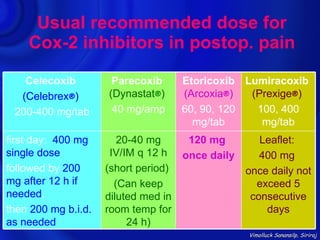 Usual recommended dose for
    Cox-2 inhibitors in postop. pain

   Celecoxib          Parecoxib       Etoricoxib Lumiracoxib
  (Celebrex®)        (Dynastat®)      (Arcoxia®)  (Prexige®)
 200-400 mg/tab       40 mg/amp       60, 90, 120  100, 400
                                        mg/tab      mg/tab
first day: 400 mg       20-40 mg       120 mg         Leaflet:
single dose           IV/IM q 12 h    once daily      400 mg
followed by 200      (short period)                once daily not
mg after 12 h if       (Can keep                     exceed 5
needed,              diluted med in                 consecutive
then 200 mg b.i.d.   room temp for                     days
as needed                 24 h)
                                                   Vimolluck Sanansilp, Siriraj
 