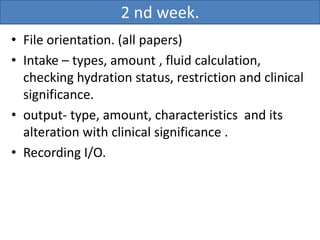 2 nd week.
• File orientation. (all papers)
• Intake – types, amount , fluid calculation,
checking hydration status, restriction and clinical
significance.
• output- type, amount, characteristics and its
alteration with clinical significance .
• Recording I/O.
 
