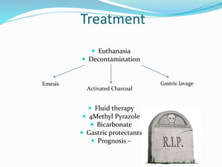 Treatment
 Euthanasia
 Decontamination
 Fluid therapy
 4Methyl Pyrazole
 Bicarbonate
 Gastric protectants
 Prognosis –
Emesis
Activated Charcoal
Gastric lavage
 
