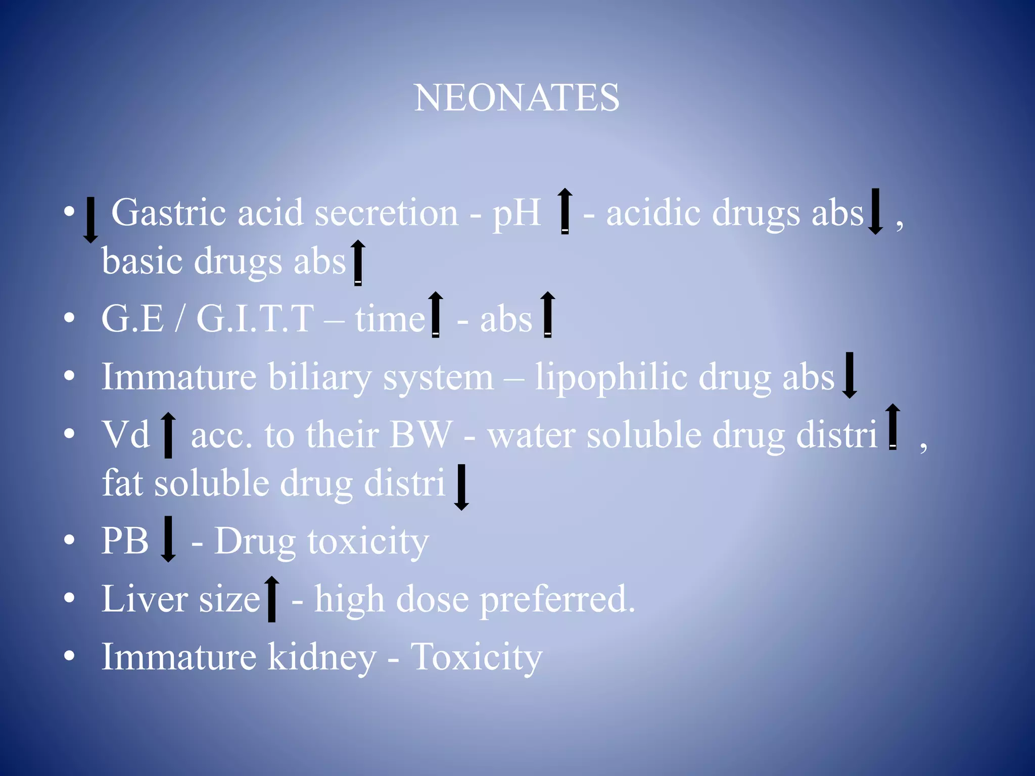 NEONATES
• Gastric acid secretion - pH - acidic drugs abs ,
basic drugs abs
• G.E / G.I.T.T – time - abs
• Immature biliary system – lipophilic drug abs
• Vd acc. to their BW - water soluble drug distri ,
fat soluble drug distri
• PB - Drug toxicity
• Liver size - high dose preferred.
• Immature kidney - Toxicity
-
-
- -
-
 
