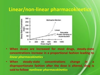 Linear/non-linear pharmacokinetics

• When doses are increased for most drugs, steady-state
concentrations increase in a proportional fashion leading to
linear pharmacokinetics .
• When steady-state concentrations change in a
disproportionate fashion after the dose is altered, drug is
said to follow nonlinear pharmacokinetics.

 