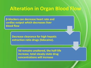 Alteration in Organ Blood Flow
β-blockers can decrease heart rate and
cardiac output which decreases liver
blood flow

Decrease clearance for high hepatic
extraction ratio drugs (lidocaine).

Vd remains unaltered, the half-life
increase, total steady-state drug
concentrations will increase

 