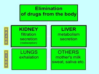 KIDNEY
filtration
secretion
(reabsorption)
LIVER
metabolism
secretion
LUNGS
exhalation
OTHERS
mother's milk
sweat, saliva etc.
Elimination
of drugs from the body
M
A
J
O
R
M
I
N
O
R
 