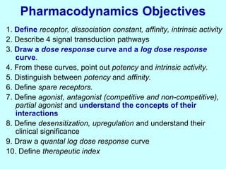 Pharmacodynamics Objectives
1. Define receptor, dissociation constant, affinity, intrinsic activity
2. Describe 4 signal transduction pathways
3. Draw a dose response curve and a log dose response
curve.
4. From these curves, point out potency and intrinsic activity.
5. Distinguish between potency and affinity.
6. Define spare receptors.
7. Define agonist, antagonist (competitive and non-competitive),
partial agonist and understand the concepts of their
interactions
8. Define desensitization, upregulation and understand their
clinical significance
9. Draw a quantal log dose response curve
10. Define therapeutic index
 