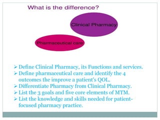 Define Clinical Pharmacy, its Functions and services.
Define pharmaceutical care and identify the 4
outcomes the improve a patient's QOL.
Differentiate Pharmacy from Clinical Pharmacy.
List the 3 goals and five core elements of MTM.
List the knowledge and skills needed for patient-
focused pharmacy practice.